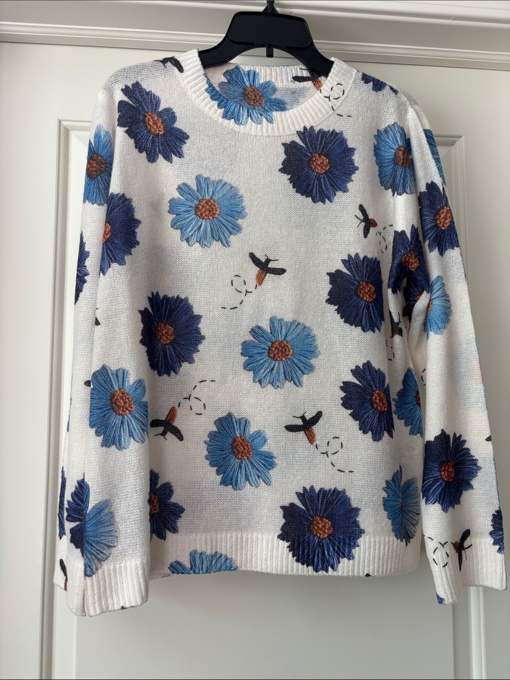 Floral Knit Crewneck Sweater - White with Blue Flower Print